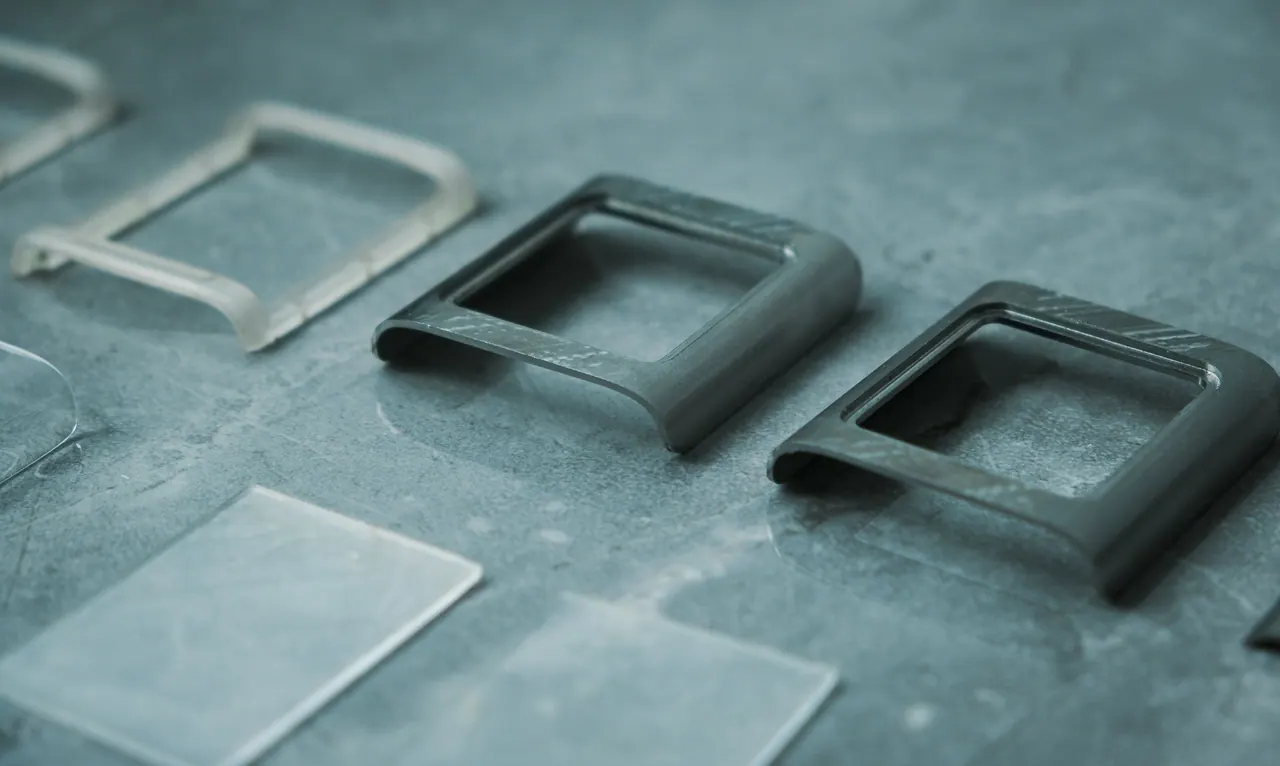 CNC aluminium frames and tempered glass before assembly.